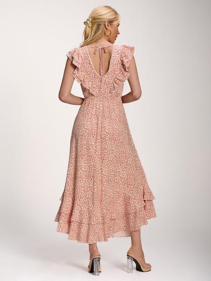 Jolie Moi V-Neck Ruffle Midi Dress, Beige Ditsy - view 2, Beige Ditsy