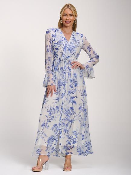 Jolie Moi Ruffled Floral Maxi Dress, White/Blue, White/Blue