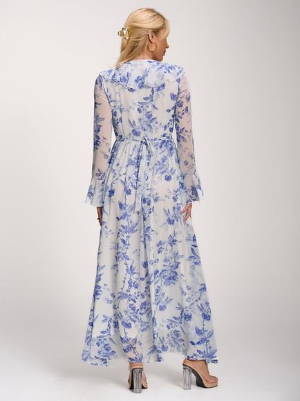 Jolie Moi Ruffled Floral Maxi Dress, White/Blue - view 2, White/Blue