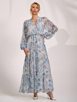 Jolie Moi Long Sleeve Tie Neck Tiered Maxi Dress, White Floral, White Floral