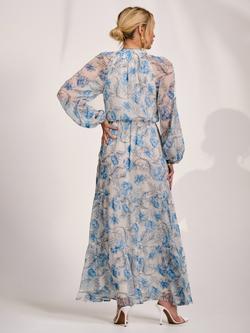 Jolie Moi Long Sleeve Tie Neck Tiered Maxi Dress, White Floral - view 2, White Floral