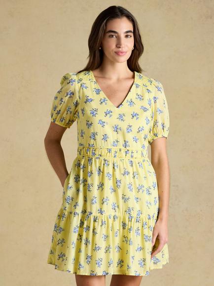 Joules Floral Tiered Mini Dress, Yellow, Yellow