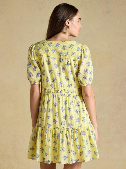 Joules Floral Tiered Mini Dress, Yellow - view 2, Yellow