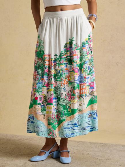 Joules Fiesta Scene Printed Placement Linen Blend Midi Skirt, Multi, Multi