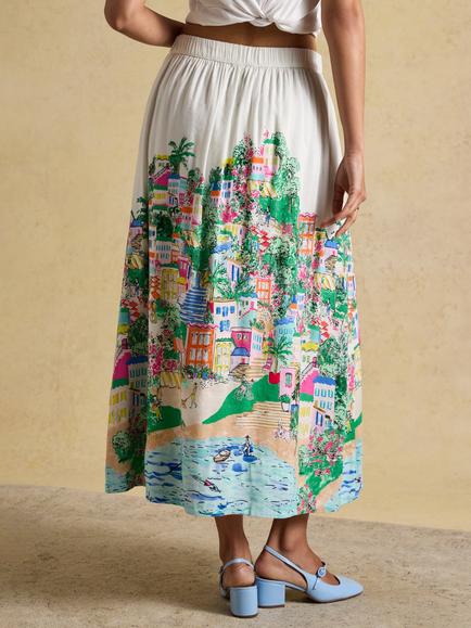 Joules Fiesta Scene Printed Placement Linen Blend Midi Skirt, Multi - view 2, Multi