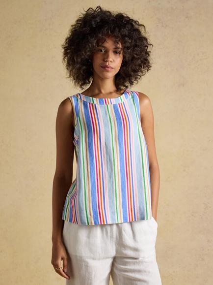Joules Stripe Round Neck Linen Blend Sleeveless Top, Multi, Multi