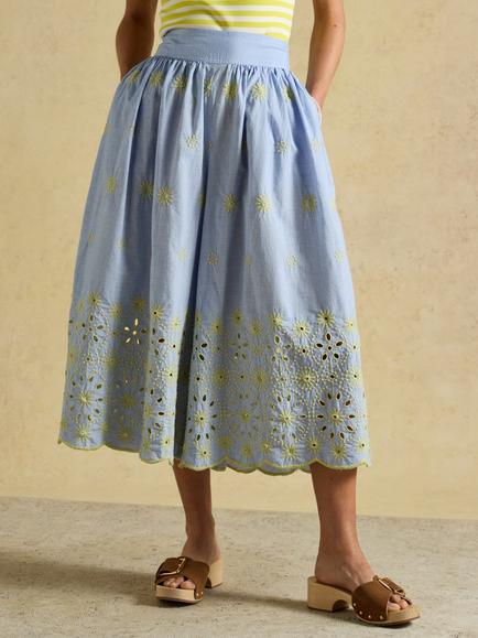 Joules Broderie Cropped Wide Leg Trousers, Blue, Blue