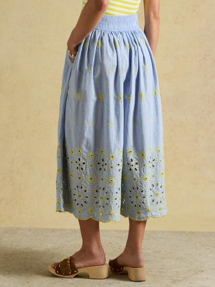 Joules Broderie Cropped Wide Leg Trousers, Blue - view 2, Blue