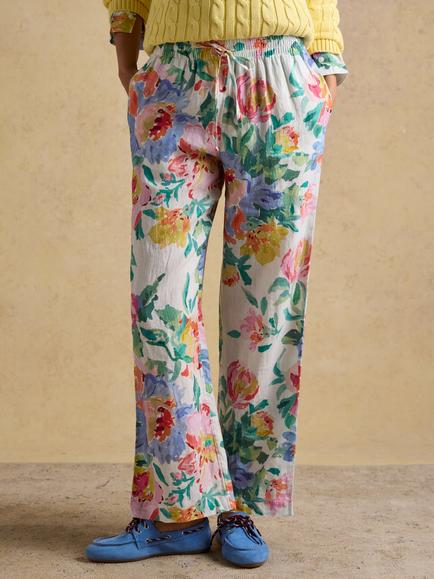 Joules Floral Linen Relaxed Wide Leg Trousers, Multi, Multi