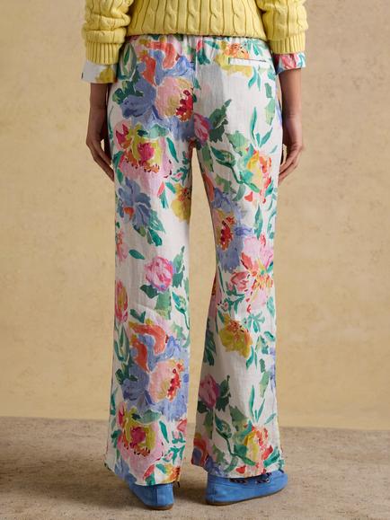 Joules Floral Linen Relaxed Wide Leg Trousers, Multi - view 2, Multi