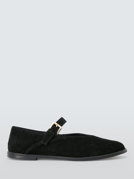 John Lewis Hettie Suede Round Toe High Cut Mary Jane Ballerina Pumps, Black, Black