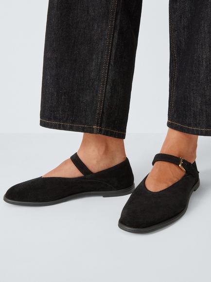 John Lewis Hettie Suede Round Toe High Cut Mary Jane Ballerina Pumps, Black - view 2, Black