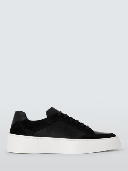 John Lewis Emery Leather Flatform Whipstitch Lace Up Trainers, Black, Black