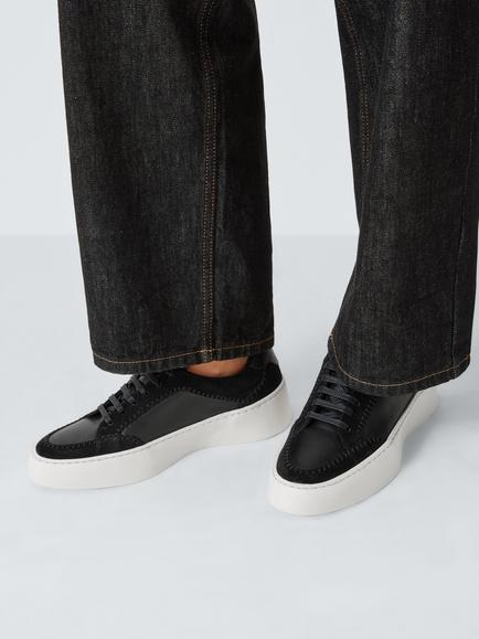 John Lewis Emery Leather Flatform Whipstitch Lace Up Trainers, Black - view 2, Black