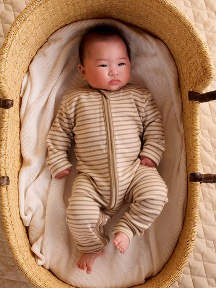 Purebaby Baby Merino Wool Stripe Sleepsuit, Brown - view 2, Brown