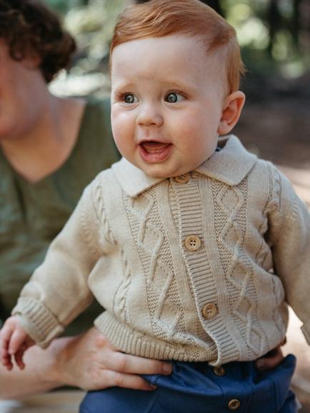 Purebaby Baby Cable Knit Cardigan, Oatmeal - view 2, Oatmeal