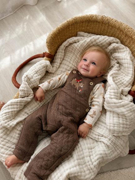 Purebaby Baby Quilted Applique Overalls, Oak Melange - view 2, Oak Melange