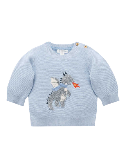 Purebaby Baby Magic Forest Cotton-Wool Applique Button Neck Jumper, Blue, Blue