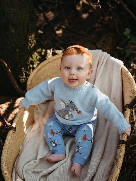 Purebaby Baby Magic Forest Cotton-Wool Applique Button Neck Jumper, Blue - view 2, Blue