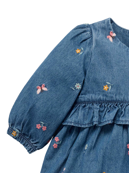 Purebaby Baby Embroidered Denim Dress, Multi - view 2, Multi