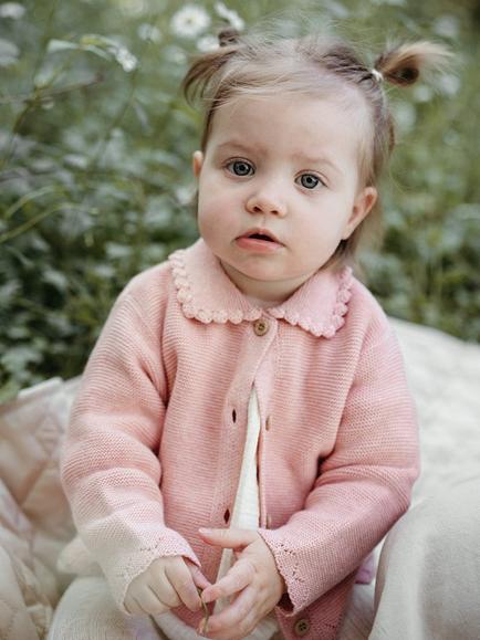 Purebaby Baby Cotton-Wool Crochet Collar Cardigan, Blush Melange, Blush Melange