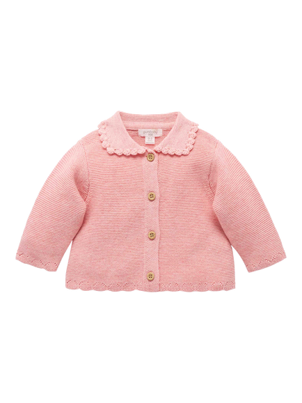 Purebaby Baby Cotton-Wool Crochet Collar Cardigan, Blush Melange - view 2, Blush Melange
