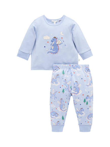Purebaby Baby Cotton Dragon Pyjama Set, Blue, Blue