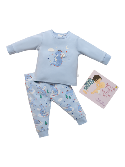 Purebaby Baby Cotton Dragon Pyjama Set, Blue - view 2, Blue