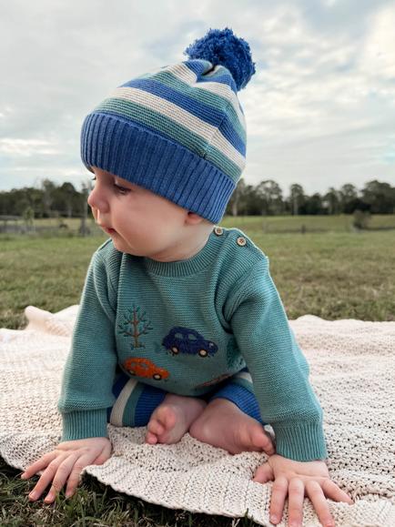Purebaby Baby Stripe Beanie Hat, Blue - view 2, Blue