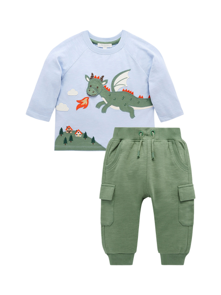 Purebaby Baby On The Farm Cotton T-Shirt and Cargo Joggers Set, Blue/Green, Blue/Green