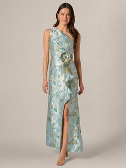 Adrianna Papell Petite One Shoulder Metallic Floral Jacquard Dress, Blue/Multi, Blue/Multi