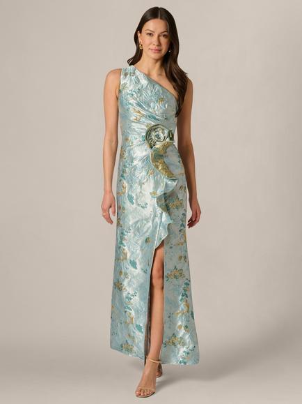 Adrianna Papell Petite One Shoulder Metallic Floral Jacquard Dress, Blue/Multi, Blue/Multi