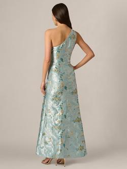 Adrianna Papell Petite One Shoulder Metallic Floral Jacquard Dress, Blue/Multi - view 2, Blue/Multi