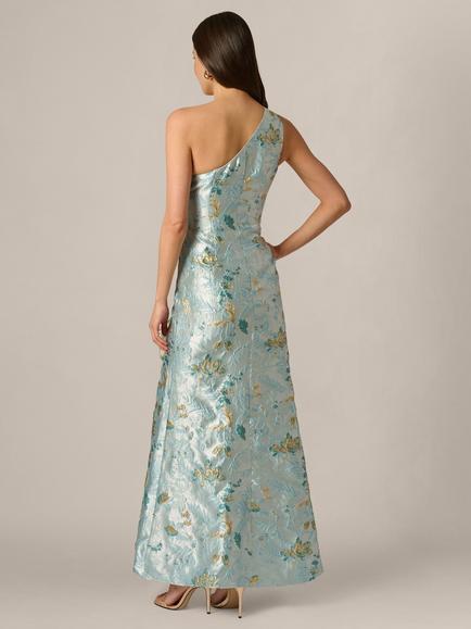 Adrianna Papell Petite One Shoulder Metallic Floral Jacquard Dress, Blue/Multi - view 2, Blue/Multi
