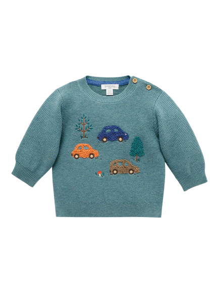 Purebaby Baby Cotton-Wool Car Embroidered Button Neck Jumper, Multi, Multi