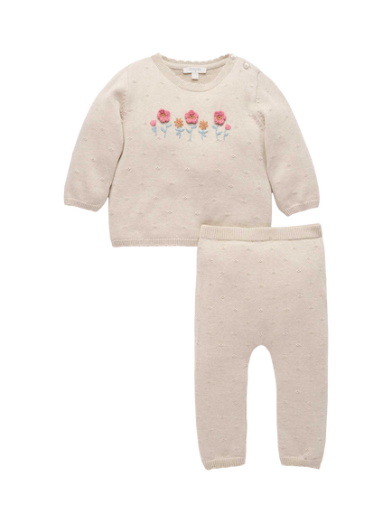 Purebaby Baby Cotton-Wool Floral Scalloped Jumper & Leggings Set, Wheat, Wheat