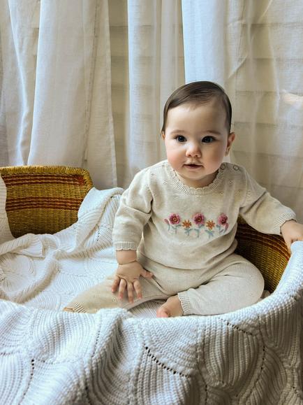 Purebaby Baby Cotton-Wool Floral Scalloped Jumper & Leggings Set, Wheat - view 2, Wheat