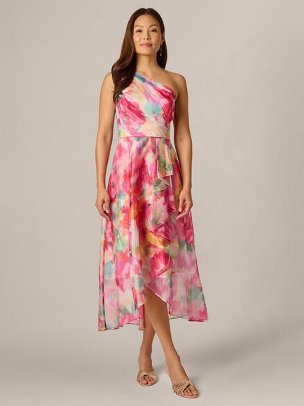 Adrianna Papell Petite Watercolour Print High Low Dress, Ivory/Multi, Ivory/Multi
