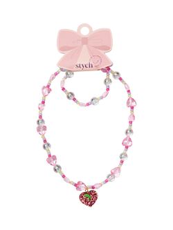 Stych Kids' Beaded Heart Necklace and Bracelet Set, Pink, Pink