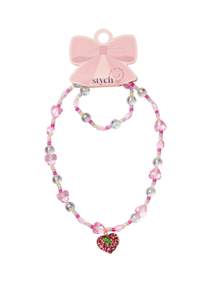 Stych Kids' Beaded Heart Necklace and Bracelet Set, Pink, Pink