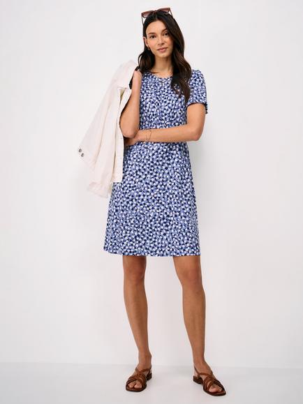 Crew Clothing Jenna Flutter Sleeve Knee Length Jersey Dress containing LENZING™ ECOVERO™ Viscose, Blue/Multi, Blue/Multi