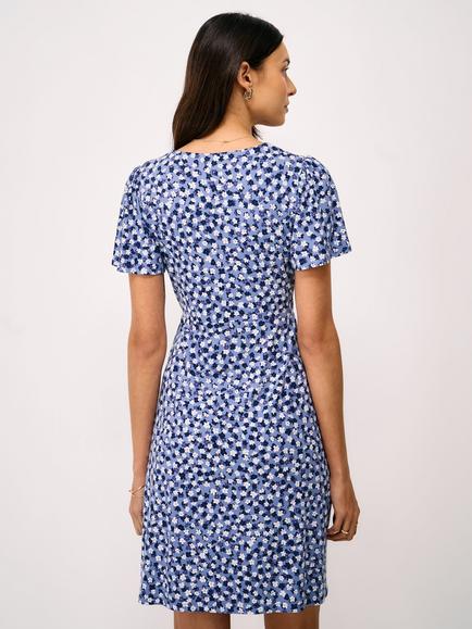 Crew Clothing Jenna Flutter Sleeve Knee Length Jersey Dress containing LENZING™ ECOVERO™ Viscose, Blue/Multi - view 2, Blue/Multi