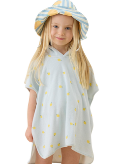 MORI Kids' Lemons Terry Towelling Hooded Poncho, Blue/Multi - view 2, Blue/Multi
