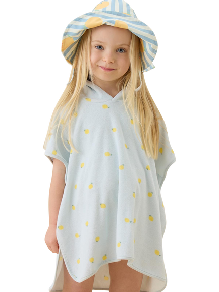 MORI Kids' Lemons Terry Towelling Hooded Poncho, Blue/Multi - view 2, Blue/Multi
