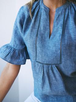 NRBY Tilly Pure Linen Short Sleeve Top, Denim Blue - view 2, Denim Blue