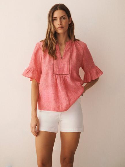 NRBY Tilly Pure Linen Short Sleeve Top, Denim Blue, Cherry Red