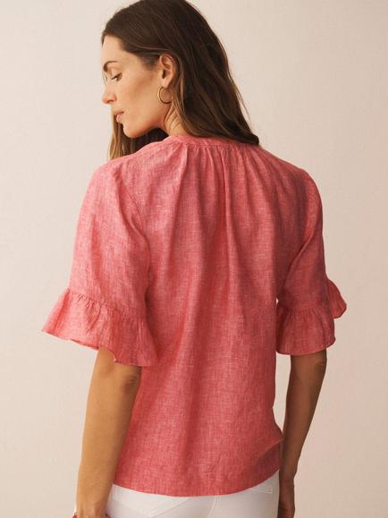 NRBY Tilly Pure Linen Short Sleeve Top, Denim Blue - view 2, Cherry Red