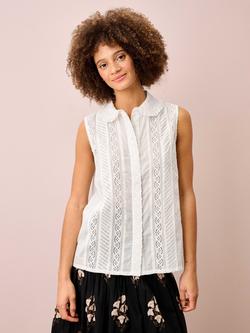 Brora Sleeveless Cotton Broderie Lace Blouse, White, White