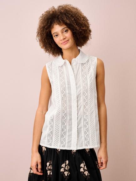 Brora Sleeveless Cotton Broderie Lace Blouse, White, White