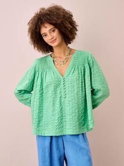 Brora Smocked Textured Check Blouse, Sage
